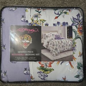 Purple Ed Hardy Tattoo Flash 8 Piece Bedding Comforter Set QUEEN